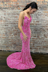 Mermaid Spaghetti Straps Hot Pink Backless Long Corset Prom Dress outfits, Mermaid Spaghetti Straps Hot Pink Backless Long Prom Dress