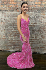Mermaid Spaghetti Straps Hot Pink Backless Long Corset Prom Dress outfits, Mermaid Spaghetti Straps Hot Pink Backless Long Prom Dress