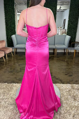 Mermaid Spaghetti Straps Hot Pink Corset Long Corset Prom Dress with Tassel Gowns, Mermaid Spaghetti Straps Hot Pink Corset Long Prom Dress with Tassel