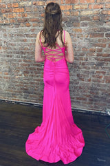Mermaid Spaghetti Straps Hot Pink Long Corset Prom Dress with Silt Gowns, Mermaid Spaghetti Straps Hot Pink Long Prom Dress with Silt