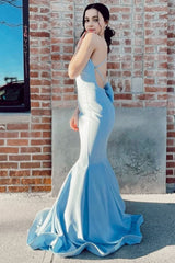 Mermaid Spaghetti Straps Light Blue Long Corset Prom Dress with Open Back outfit, Mermaid Spaghetti Straps Light Blue Long Prom Dress with Open Back