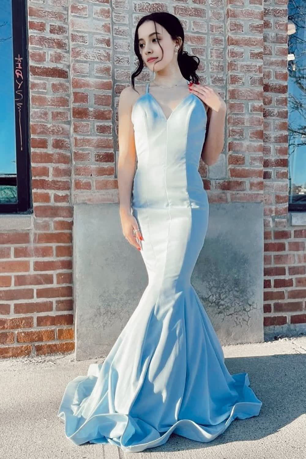 Mermaid Spaghetti Straps Light Blue Long Corset Prom Dress with Open Back outfit, Mermaid Spaghetti Straps Light Blue Long Prom Dress with Open Back
