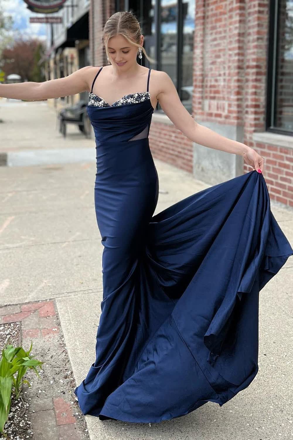 Mermaid Spaghetti Straps Navy Long Corset Prom Dress with Sweep Train outfits, Mermaid Spaghetti Straps Navy Long Prom Dress with Sweep Train