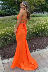 Mermaid Spaghetti Straps Orange Long Corset Prom Dress with Criss Cross Back Gowns, Mermaid Spaghetti Straps Orange Long Prom Dress with Criss Cross Back