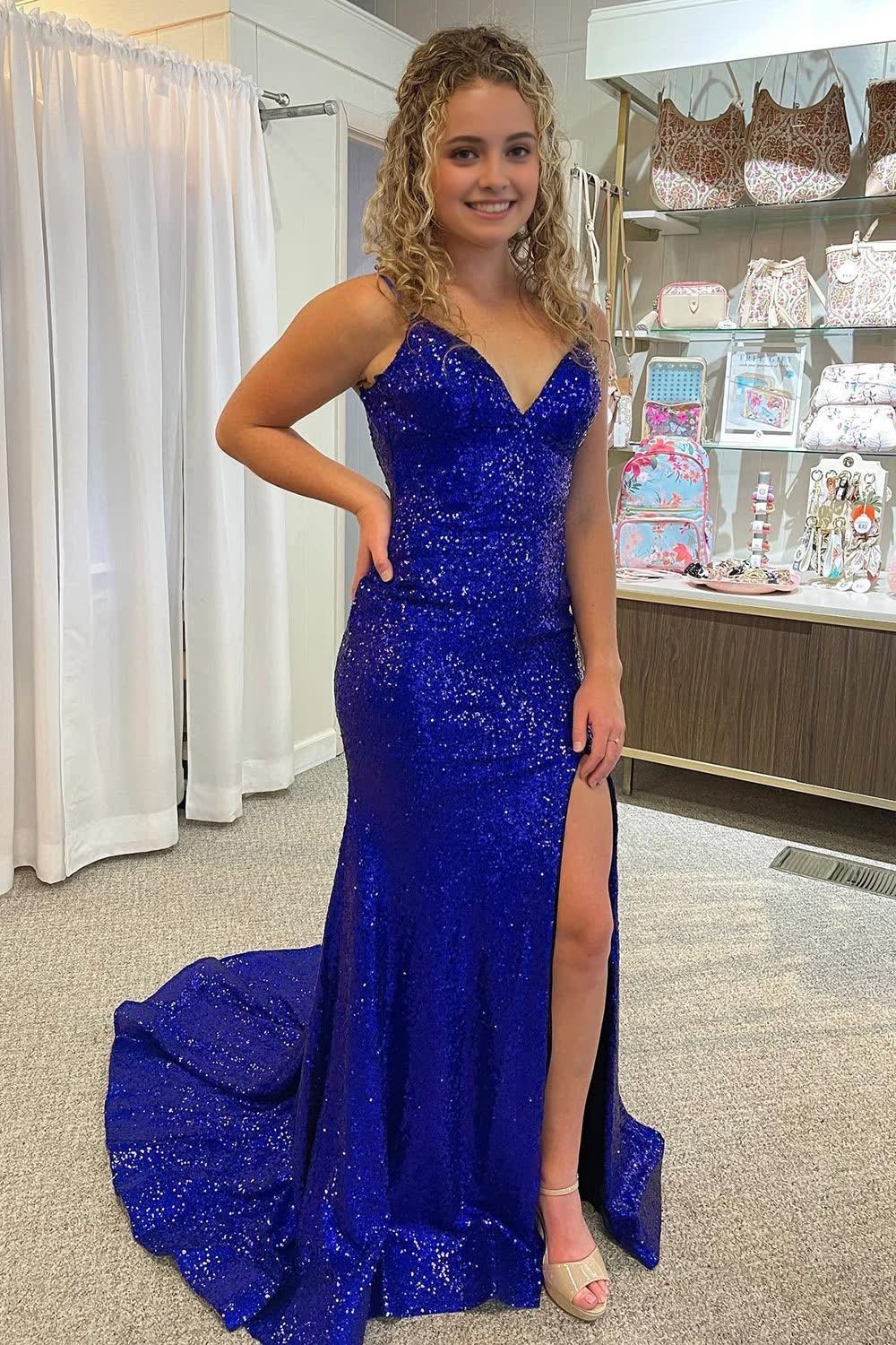 Mermaid Spaghetti Straps Royal Blue Sequins Long Corset Prom Dress with Split Front Gowns, Mermaid Spaghetti Straps Royal Blue Sequins Long Prom Dress with Split Front