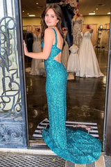 Mermaid Square Neck Sparkly Turquoise Sequins Long Corset Prom Dress outfits, Mermaid Square Neck Sparkly Turquoise Sequins Long Prom Dress