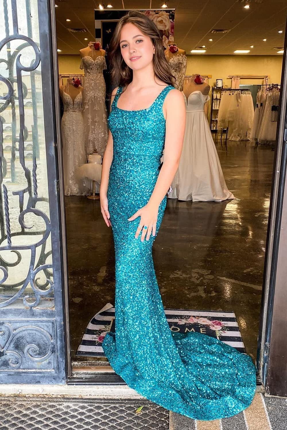 Mermaid Square Neck Sparkly Turquoise Sequins Long Corset Prom Dress outfits, Mermaid Square Neck Sparkly Turquoise Sequins Long Prom Dress