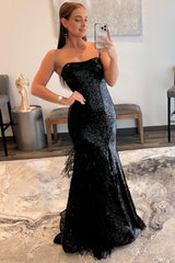 Mermaid Strapless Black Sequins Long Corset Prom Dress with Feather outfit, Mermaid Strapless Black Sequins Long Prom Dress with Feather