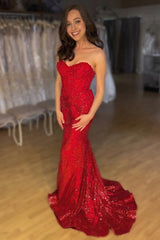 Mermaid Sweetheart Sparkly Red Sequins Long Corset Prom Dress outfits, Mermaid Sweetheart Sparkly Red Sequins Long Prom Dress