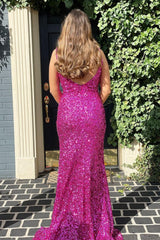 Mermaid V Neck Fuchsia Sequins Long Corset Prom Dress outfits, Mermaid V Neck Fuchsia Sequins Long Prom Dress