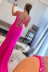Mermaid V Neck Hot Pink Long Corset Prom Dress with Beading outfit, Mermaid V Neck Hot Pink Long Prom Dress with Beading