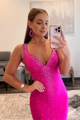 Mermaid V Neck Hot Pink Long Corset Prom Dress with Beading outfit, Mermaid V Neck Hot Pink Long Prom Dress with Beading