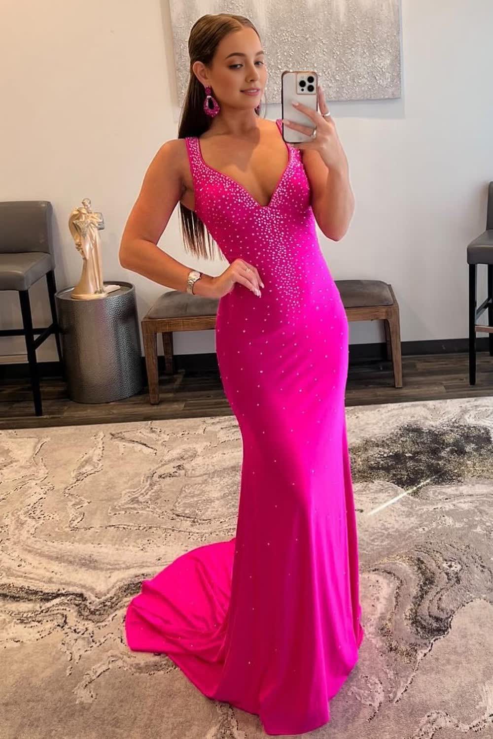 Mermaid V Neck Hot Pink Long Corset Prom Dress with Beading outfit, Mermaid V Neck Hot Pink Long Prom Dress with Beading