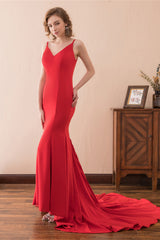 Mermaid V-Neck Spaghetti Straps Red Satin Corset Prom Dresses outfit, Evening Dresses Elegant