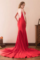Mermaid V-Neck Spaghetti Straps Red Satin Corset Prom Dresses outfit, Evening Dresses For Weddings