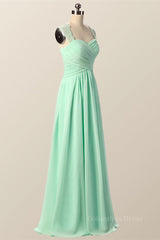 Mint Green Pleated Chiffon Long Corset Bridesmaid Dress outfit, Party Dress Dress