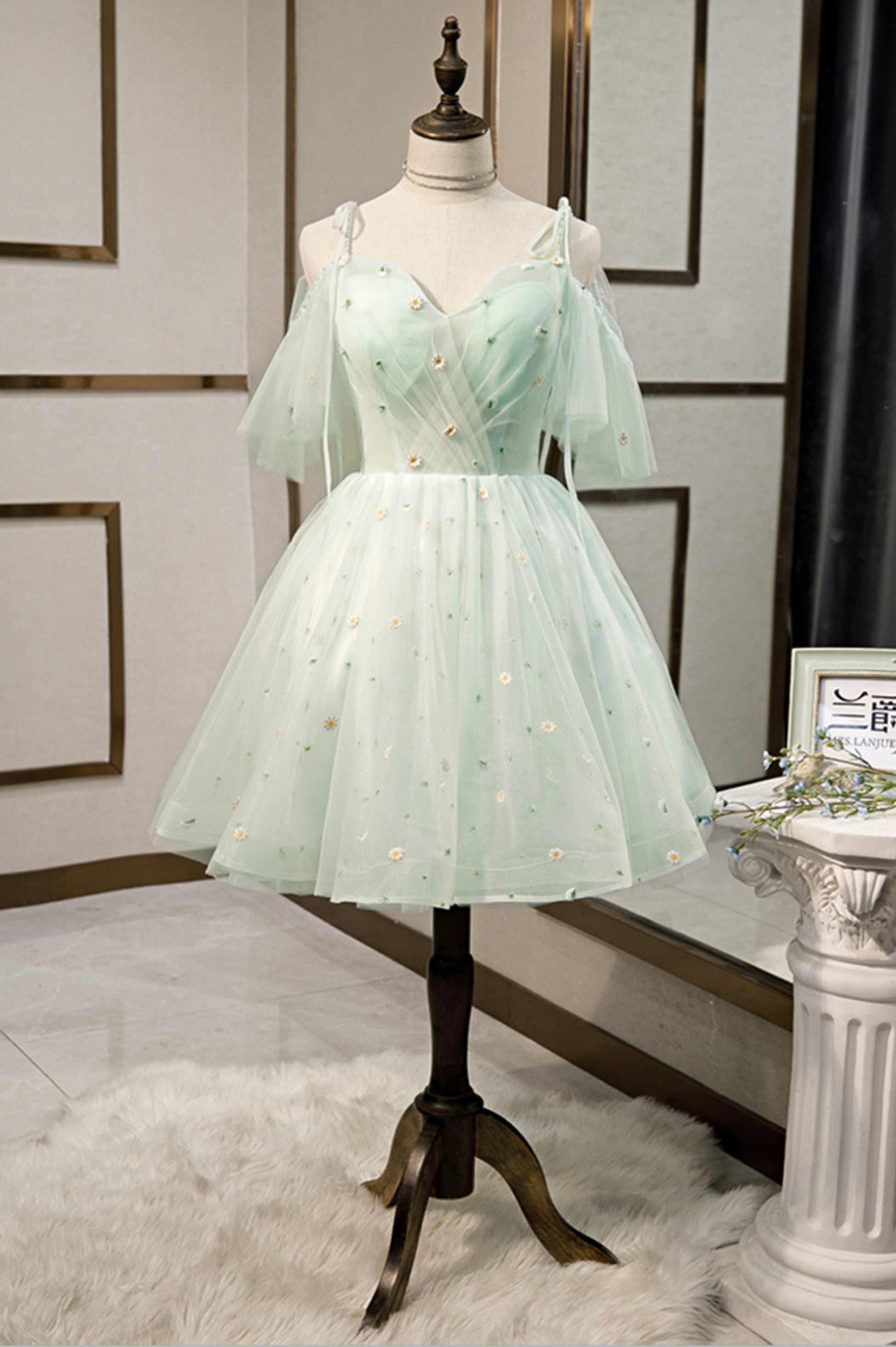 Mint Green Tulle Lace Short Corset Homecoming Dress, A-Line Mini Party Dress Outfits, Pleated Dress