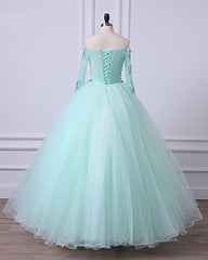 Mint Green Tulle Off Shoulder Long Sleeve Lace Applique Sweet 16 Corset Prom Dress, Corset Formal Dress outfit, Bridesmaid Dresses Dark Green