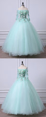 Mint Green Tulle Off Shoulder Long Sleeve Lace Applique Sweet 16 Corset Prom Dress, Corset Formal Dress outfit, Braids