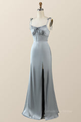 Misty Blue Straps Ruffle A-line Corset Bridesmaid Dress outfit, Party Dresses