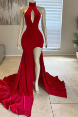Modern High Neck Red Leg Split Mermaid Corset Prom Dress Long Gowns, Bridesmaid Dress Blush