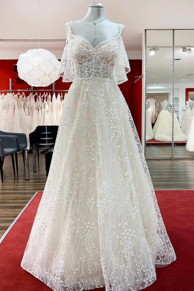 Modest Long A-line Sweetheart Tulle Lace Appliques Corset Wedding Dress with Sleeves Gowns, Wedding Dresses Price
