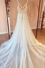 Modest Long A-line V-neck Spaghetti Straps Tulle Corset Wedding Dress with Appliques Lace outfit, Wedding Dress With Sleeve
