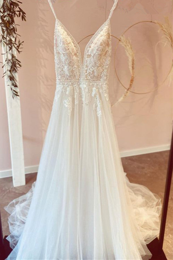 Modest Long A-line V-neck Spaghetti Straps Tulle Corset Wedding Dress with Appliques Lace outfit, Wedding Dress Website