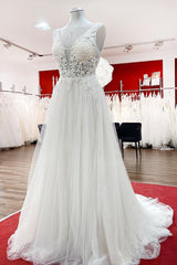 Modest Long A-line V-neck Tulle Ruffles Backless Corset Wedding Dresses With Lace Outfits, Wedding Dress With Sleeved