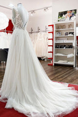 Modest Long A-line V-neck Tulle Ruffles Backless Corset Wedding Dresses With Lace Outfits, Wedding Dresses With Sleeve