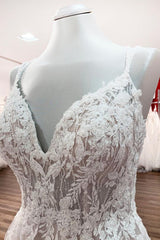 Modest Long Princess V-neck Tulle Spaghetti Straps Corset Wedding Dress with Lace Outfits, Wedding Dress For Dancing
