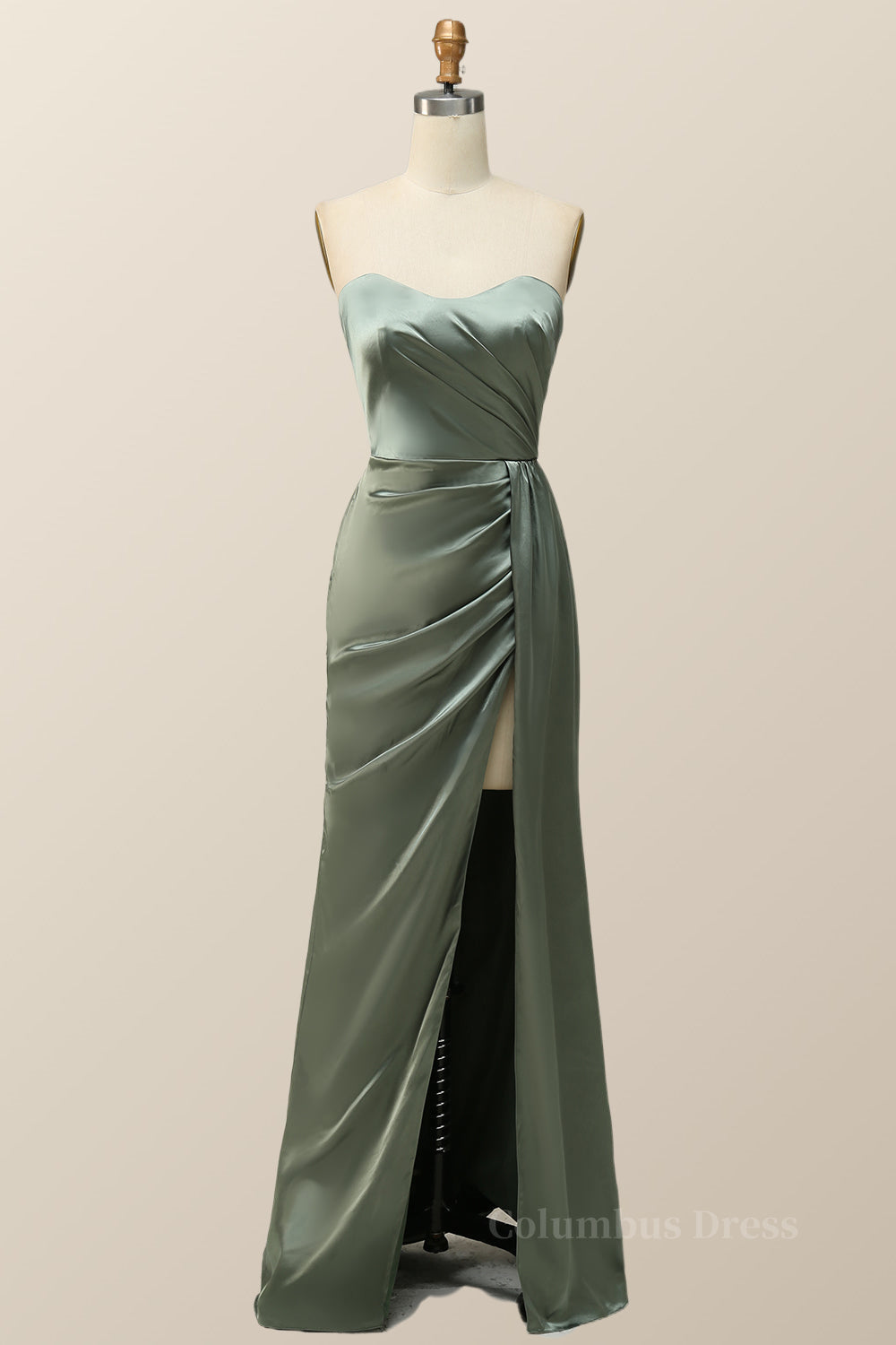 Moss Green Satin Strapless Long Corset Bridesmaid Dress outfit, Party Dress