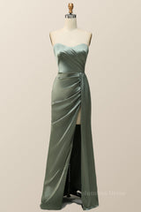 Moss Green Satin Strapless Long Corset Bridesmaid Dress outfit, Party Dress