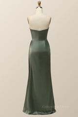 Moss Green Satin Strapless Long Corset Bridesmaid Dress outfit, Green Prom Dress
