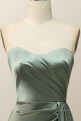 Moss Green Satin Strapless Long Corset Bridesmaid Dress outfit, Graduation Outfit Ideas