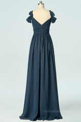 Navy Blue A-line Chiffon Pleated Long Corset Bridesmaid Dress outfit, Bridesmaid Dresses Gold
