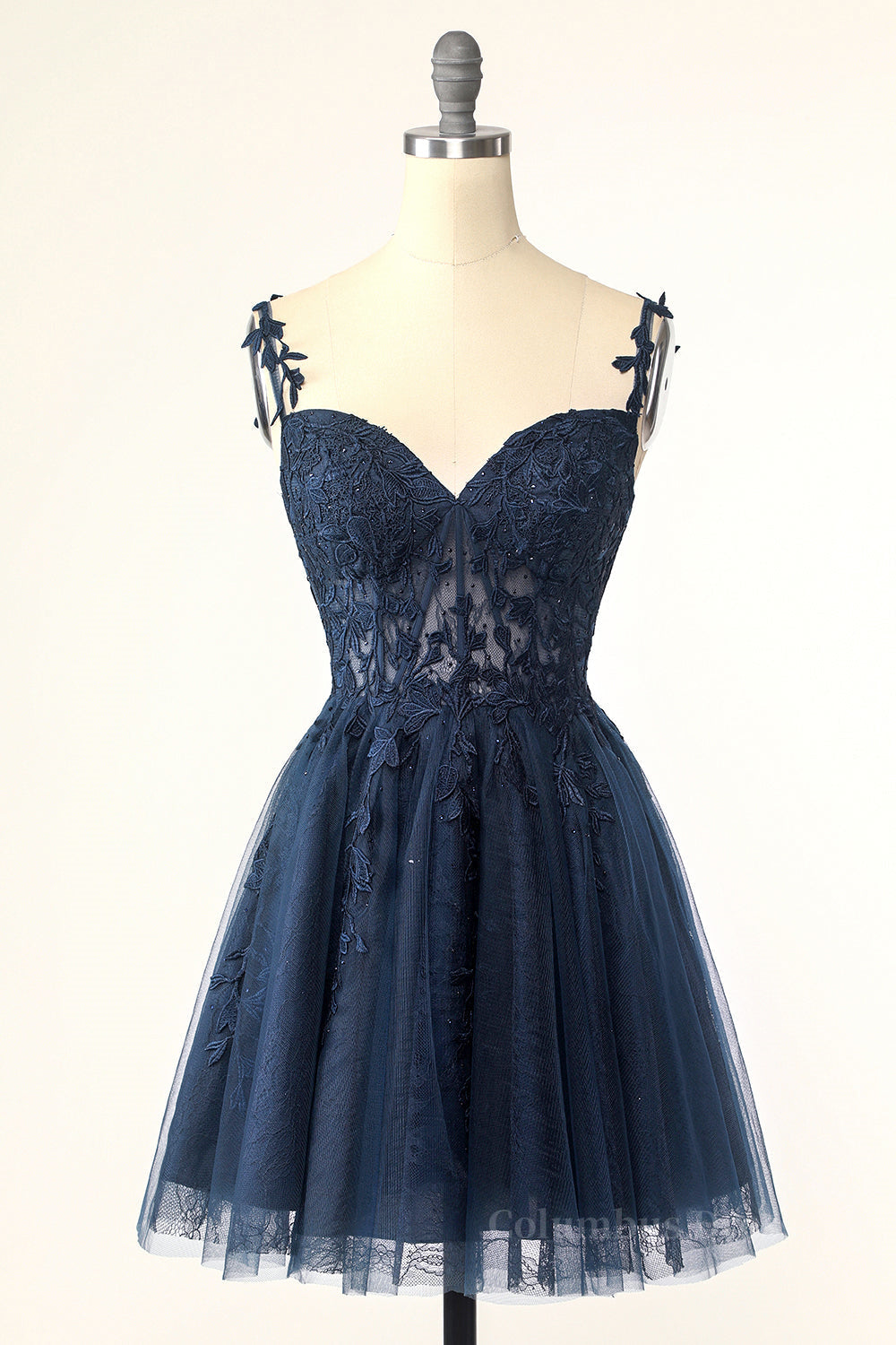 Navy Blue A-line Lace Appliques Short Corset Homecoming Dress outfit, Country Wedding Dress