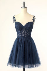 Navy Blue A-line Lace Appliques Short Corset Homecoming Dress outfit, Country Wedding Dress