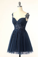 Navy Blue A-line Lace Appliques Short Corset Homecoming Dress outfit, Bridesmaid Dresses Chicago