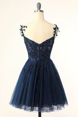 Navy Blue A-line Lace Appliques Short Corset Homecoming Dress outfit, Party Dress Outfits