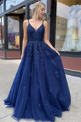 Navy Blue Appliques Long Corset Prom Dress Evening Dress outfit, Navy Blue Appliques Long Prom Dress Evening Dress