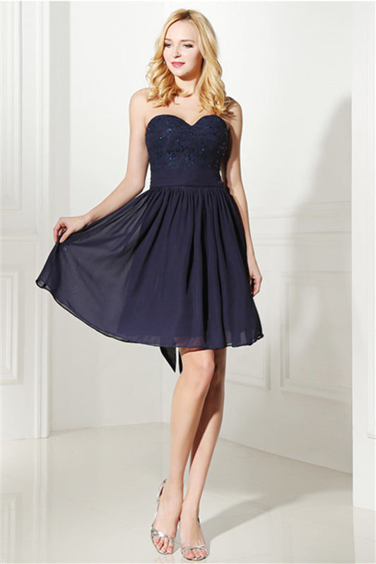 Navy Blue Chiffon Sweetheart Lace Beading Short Corset Homecoming Dresses outfit, Formal Dresses Long
