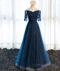 Navy Blue Half Sleeves Lace Long Corset Prom Dresses, Navy Blue Lace Corset Formal Dresses outfit, Bridesmaid Dresses Weddings
