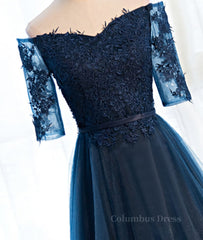 Navy Blue Half Sleeves Lace Long Corset Prom Dresses, Navy Blue Lace Corset Formal Dresses outfit, Bridesmaids Dress Inspiration