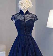Navy Blue Knee Length Lace Party Dress, Corset Homecoming Dress outfit, Glamorous Dress