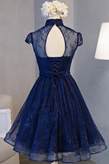 Navy Blue Knee Length Lace Party Dress, Corset Homecoming Dress outfit, Black Long Dress