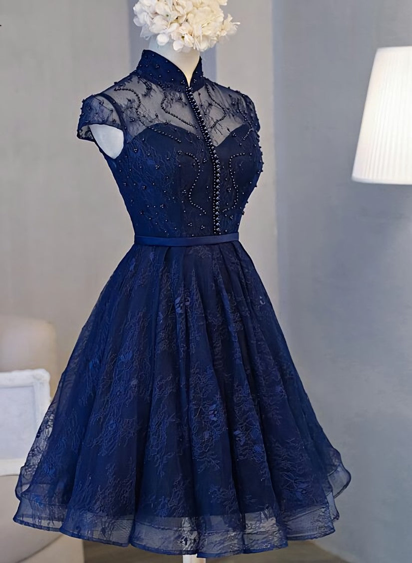 Navy Blue Knee Length Lace Party Dress, Corset Homecoming Dress outfit, Princess Prom Dress
