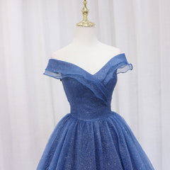 Navy Blue Off Shoulder Shiny Tulle Floor Length Corset Prom Dress, Blue Corset Prom Dress outfits, Evening Dresses Boutique