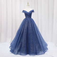 Navy Blue Off Shoulder Shiny Tulle Floor Length Corset Prom Dress, Blue Corset Prom Dress outfits, Evening Dresses Elegant