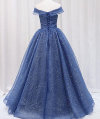 Navy Blue Off Shoulder Shiny Tulle Floor Length Corset Prom Dress, Blue Corset Prom Dress outfits, Evening Dresses For Weddings